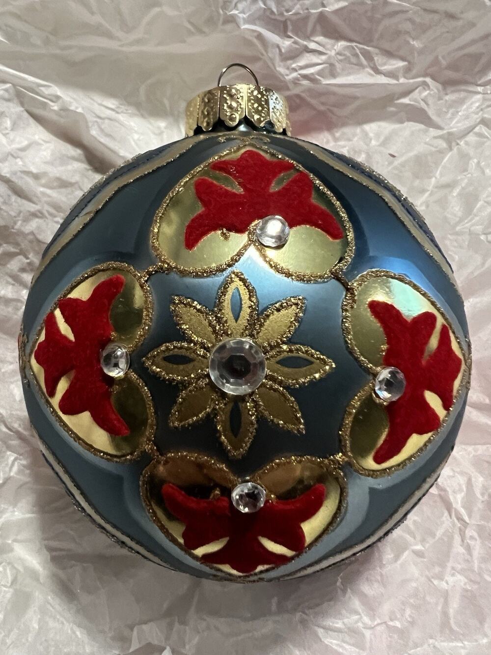 Vintage Large Glass Christmas Ornament Blue Gold Flocked Jewel Reflector Style